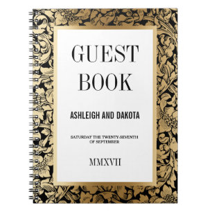 Wedding Guestbook Golden Floral Damask on Black Notebook