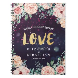 Wedding Guestbook Modern Floral Purple Gold Script Notebook