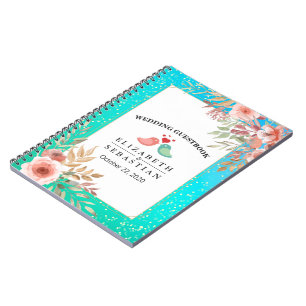Wedding Guestbook Modern Pink Floral Teal Gold Dot Notebook