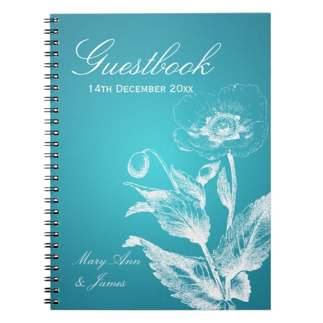 Wedding Guestbook Poppy Turquoise Spiral Notebook (Front)