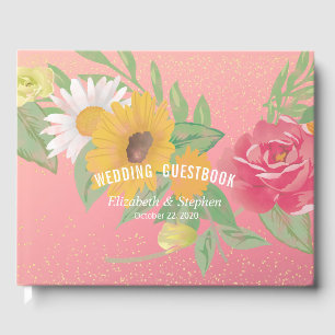 Wedding Guestbook Rose Flowers Pink Gold Glitter