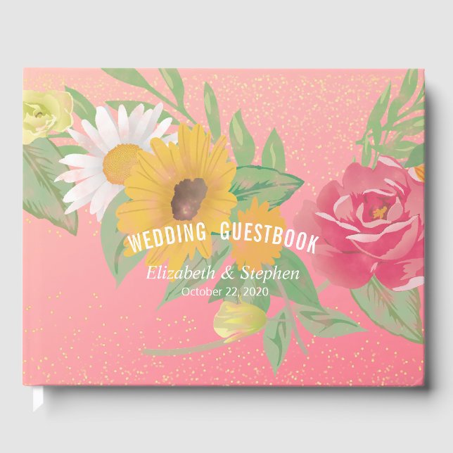 Wedding Guestbook Rose Flowers Pink Gold Glitter (Front)