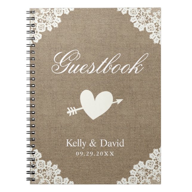 Wedding Guestbook | Rustic Burlap White Lace Spiral Notebook (Front)