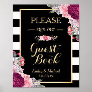 Wedding Guestbook Sign Burgundy Floral Stripes