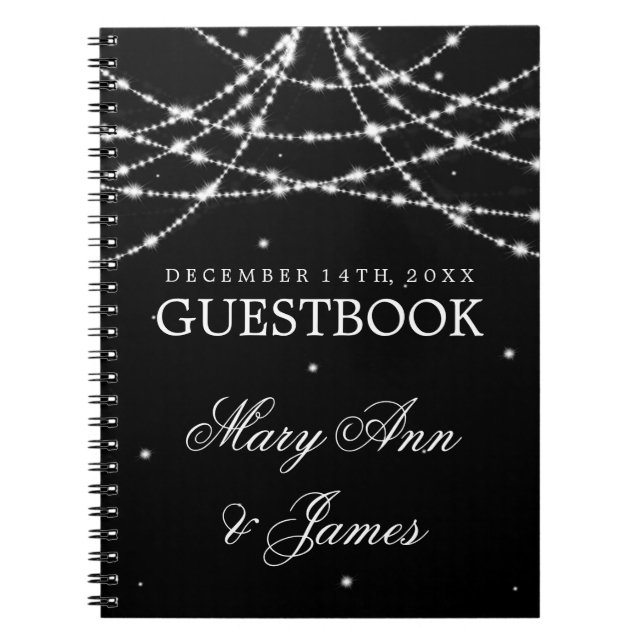 Wedding Guestbook Sparkling String Black Spiral Notebook (Front)