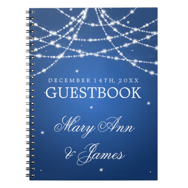 Wedding Guestbook Sparkling String Blue Spiral Notebook (Front)