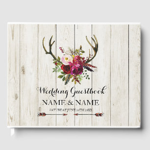 Wedding GuestBook Stag Antlers Wood Floral Rustic