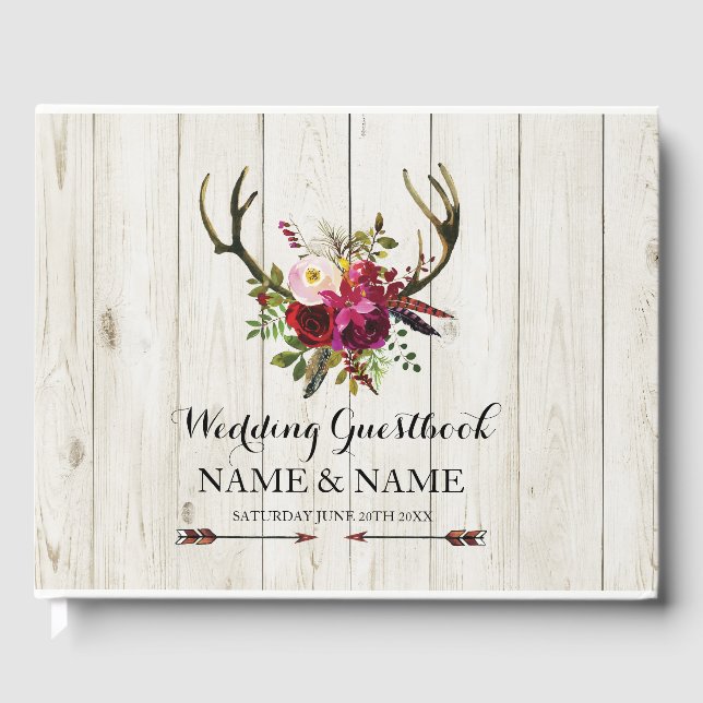 Wedding GuestBook Stag Antlers Wood Floral Rustic (Front)