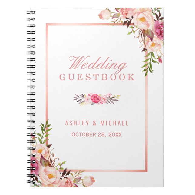 Wedding Guestbook - Stylish Rose Gold Pink Floral Spiral Notebook (Front)