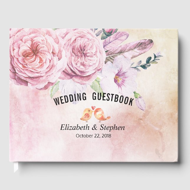 Wedding Guestbook Watercolor Boho Floral Feathers (Front)
