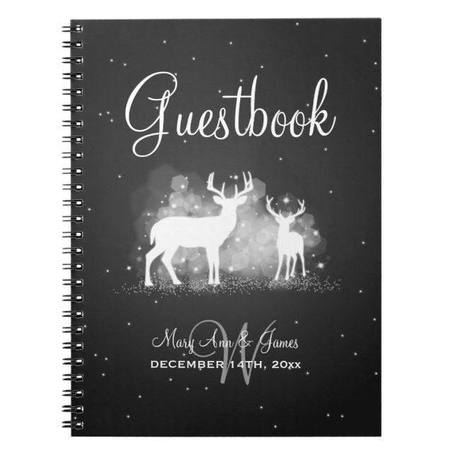 Wedding Guestbook Winter Deer Sparkle Black Notebook (Front)