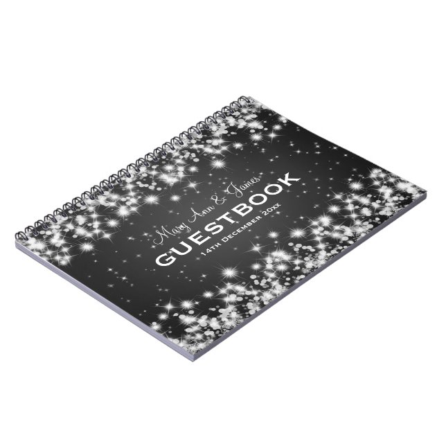 Wedding Guestbook Winter Sparkle Black Spiral Notebook (Left Side)