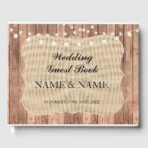 Wedding GuestBook Wood Burlap Rustic Lights Rustic
