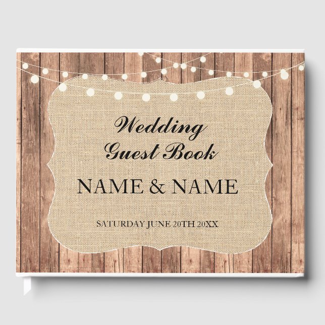 Wedding GuestBook Wood Burlap Rustic Lights Rustic (Front)