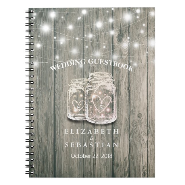 Wedding Guestbook Wood Chic Mason Jar String Light Notebook (Front)