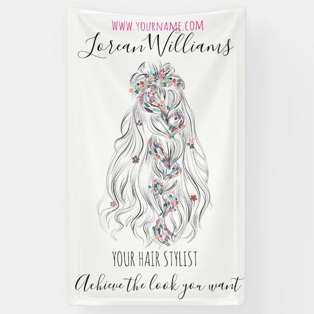 Wedding Hair Stylist Black White Wavy Hair Floral Banner (Vertical)