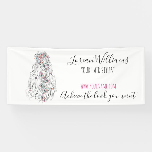 Wedding Hair Stylist Black White Wavy Hair Floral Banner (Horizontal)