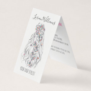 Wedding Hair Stylist Black White Wavy Hair Floral Business Card