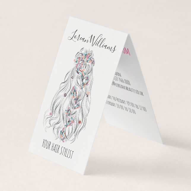 Wedding Hair Stylist Black White Wavy Hair Floral Business Card (Front)