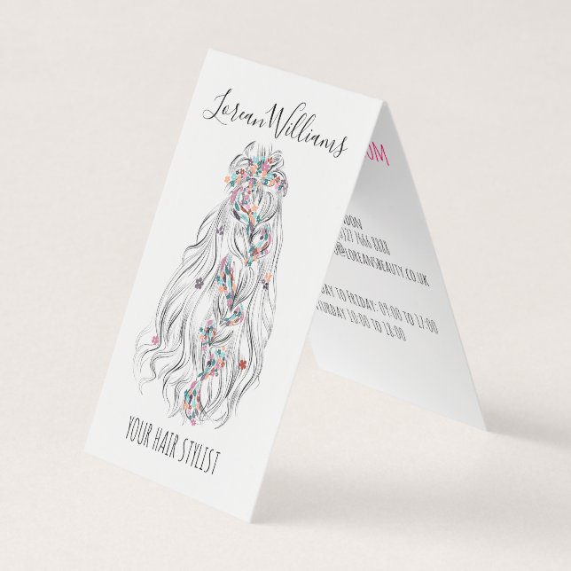 Wedding Hair Stylist Black White Wavy Hair Floral Business Card (Front)