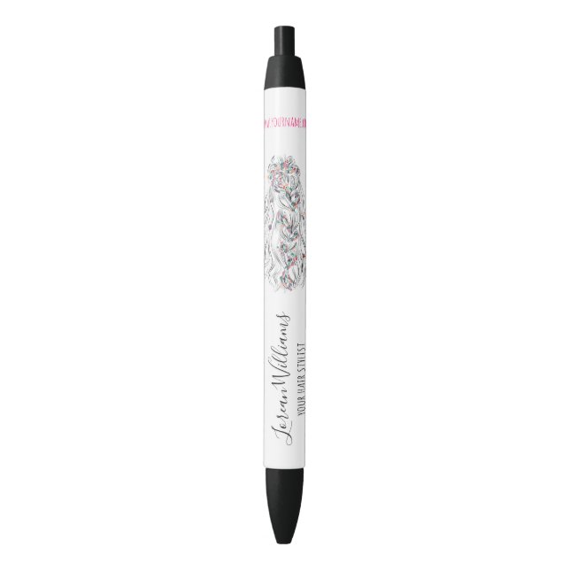 Wedding Hair Stylist Black White Wavy Hair Floral Ink Pen (Front Vertical)
