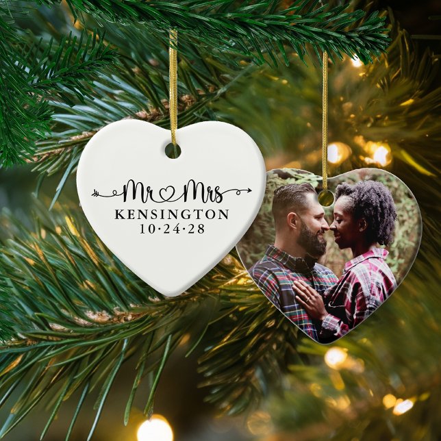 Wedding Heart Arrows Mr Mrs Newlywed Photo Ceramic Tree Decoration (Wedding Heart Arrows Mr Mrs Newlywed Photo Ceramic )