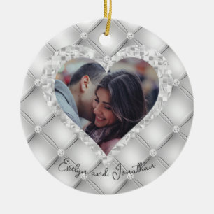Wedding Heart Custom Photo White & Silver Diamonds Ceramic Tree Decoration