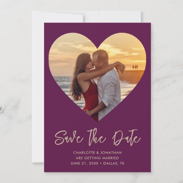 Wedding Heart Cutout Plum & Gold Photo  Save The Date (Front)