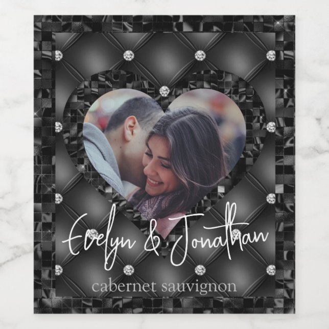Wedding Heart Frame Custom Photo Black Diamonds Wine Label (Single Label)