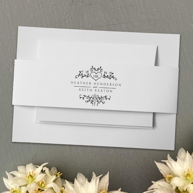 Wedding heart leaf monogram black white invitation belly band (Creator Uploaded)