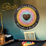 Wedding Heart Pastel Sunset Rustic Wood Tone Name Dartboard<br><div class="desc">Wedding Heart Pastel Sunset Rustic Wood Tone Name Monogrammed,  Our Love Forever.  This rustic Wood Grain Dartboard makes the perfect personalised Wedding Game Gift for Newly weds,  house Warming giftss etc...  and just everyday fun. Our easy-to-use template makes personalising simple and fun.</div>