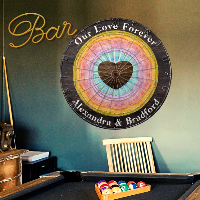 Wedding Heart Pastel Sunset Rustic Wood Tone Name Dartboard (Creator Uploaded)