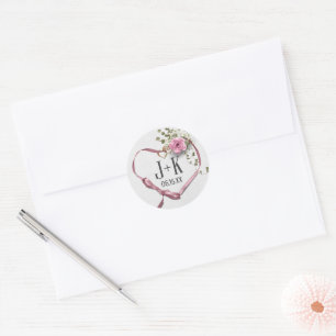 Wedding Heart Ribbon with Monogram Classic Round Sticker