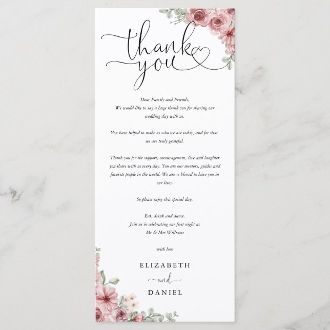 Wedding Heart Script Floral Thank You Place Card (Front)