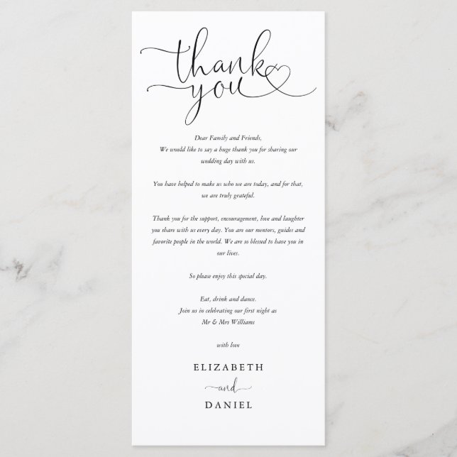 Wedding Heart Script Thank You Place Card (Front)