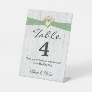 Wedding Heart With Sage Green Ribbon On Wood Pedestal Sign