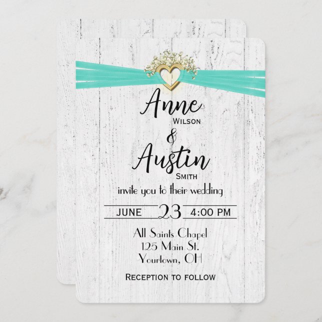 Wedding Heart with Turquoise Ribbon On Wood   Invitation (Front/Back)