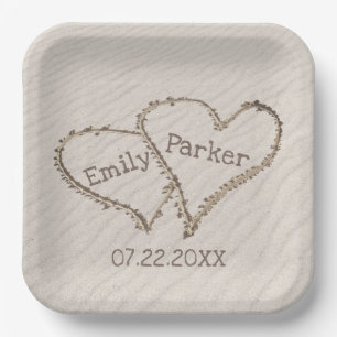 Wedding Hearts in Beach Sand   Paper Plate