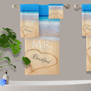 Wedding Hearts in Sand Family Monogram, Groom Mr   Bath Towel Set