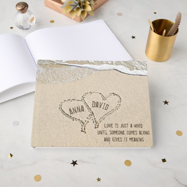 Wedding Hearts In Sand with Names Guest Book (Front Open)