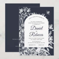 Wedding Hebrew Vintage Floral Navy White Woodcut  