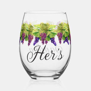 Wedding Her's Monogrammed Name Watercolor Grapes  Stemless Wine Glass