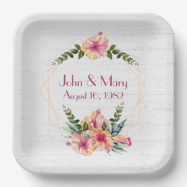 Wedding Hibiscus Frame On Whitewashed Wood Paper Plate (Front)