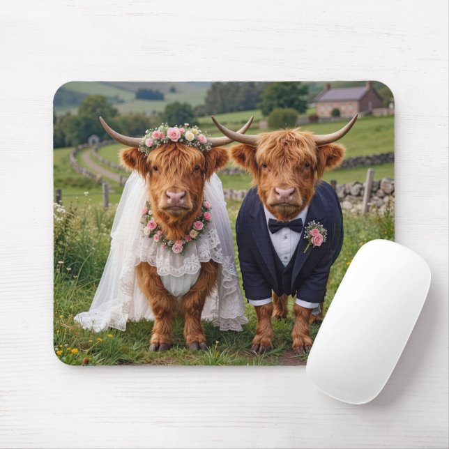 Wedding Highland Cows in a Pasture Mouse Pad (With Mouse)
