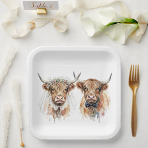 Wedding Highland Cows in Watercolor Paper Plate