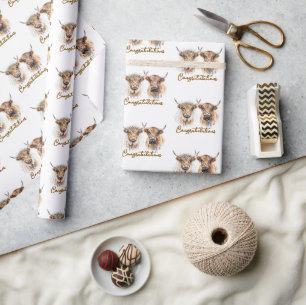 Wedding Highland Cows in Watercolor Wrapping Paper