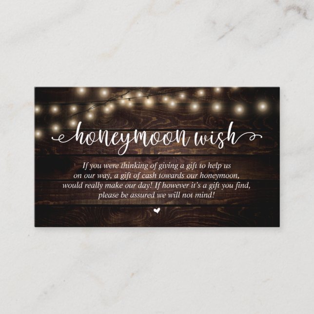 Wedding Honeymoon Fund Wish, Rustic String Lights Enclosure Card (Front)