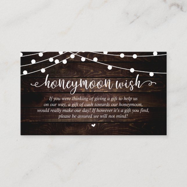 Wedding Honeymoon Fund Wish, Rustic String Lights Enclosure Card (Front)