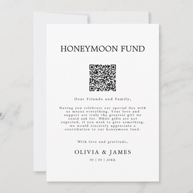 Wedding Honeymoon Honeymoon Fund QR Code Sign,  Invitation (Front)