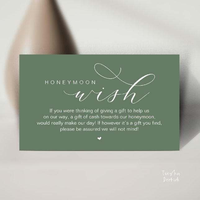 Wedding Honeymoon Wish, Modern Classy  Enclosure Card (Wedding Honeymoon Wish, Cash, Modern elegance minimal Enclosure Card cute heart in Sage Green)